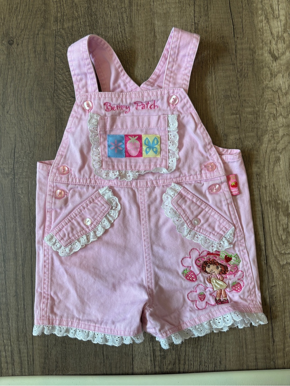Vintage 2000s Y2K Strawberry Shortcake Pink Overalls Shortalls Baby Toddler 12M